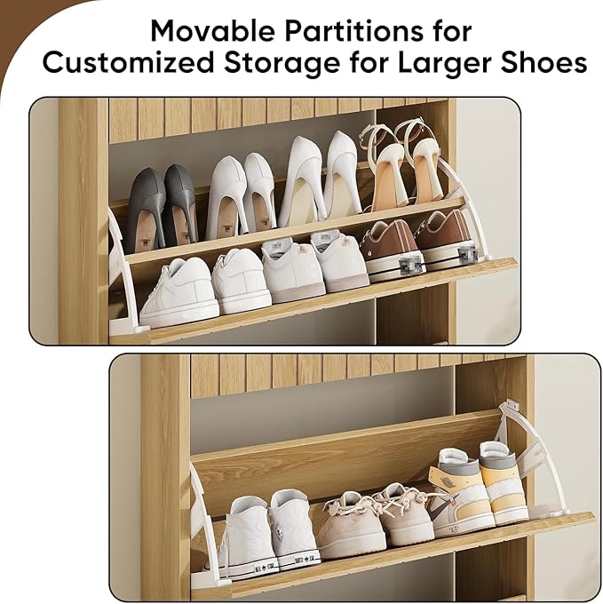 Shoe Storage Cabinet Set of 2 with Vertical Groove Doors Flip Drawers, Narrow Shoe Cabinet Storage for Entryway, Freestanding Shoe Organizer Cabinet, Slim Shoe Rack Cabinet (Oak)