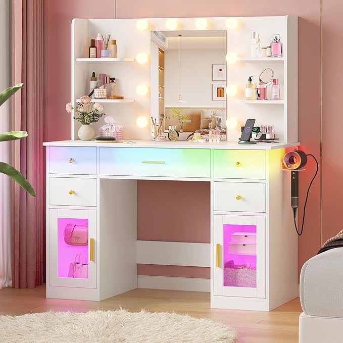 Vanity Desk with Mirror and Lights, Charging Station, Makeup Vanity with 5 Drawers & 4 Open Storage Shelves, White Vanity Table with RGB Cabinets & Hairdryer Holder, Large Dressing Table for Women
