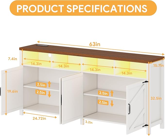 knoworld 63'' Buffet Sideboard with Storage with Power Outlets & LED Light 4 Doors, Large Farmhouse Kitchen Storage Cabinet Wood Coffee Bar Cabinet Buffet Table for Kitchen, Dining Room, Entryway