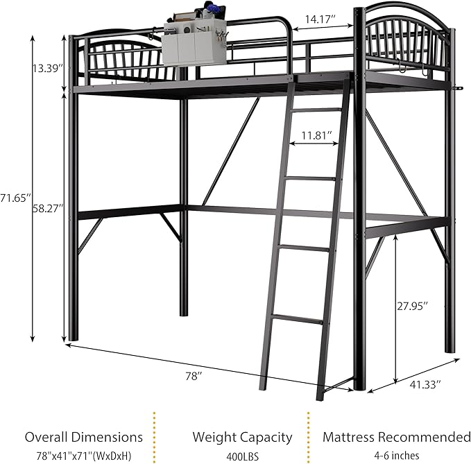 Decofy Metal Loft Bed Twin Size, Heavy Duty Loft Bed with Bedside Caddy, EVA Anti-Slip Ladder with Sturdy Guardrails, Space-Saving Twin Size Loft Bed for Teens & Adults for Bedroom Dorm (Black)