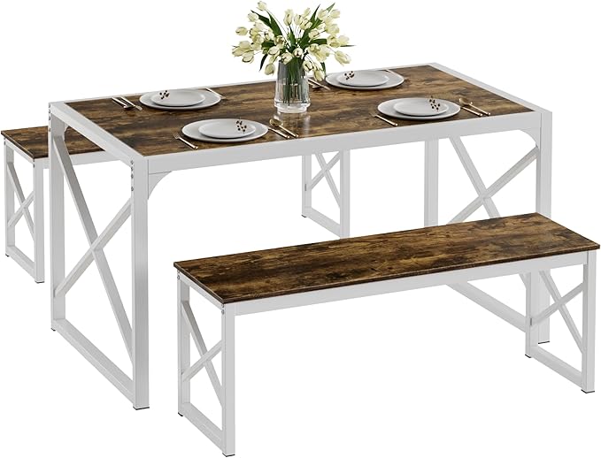 VECELO 55” Kitchen Dining Table Set for 4, Heavy-Duty Steel Frame & Wood-Grain Tabletop, Space-Saving Dinette Sets with 2 Benches for Breakfast Nook and Small Space, Drak Brown