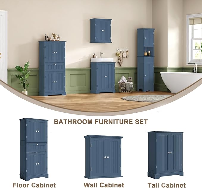ChooChoo 51" H Tall Bathroom Floor Cabinet, Modern Bathroom Storage Cabinet with Drawer and Adjustable Shelves, Freestanding Kitchen Pantry Cupboard with 4 Doors for Living Room, Blue
