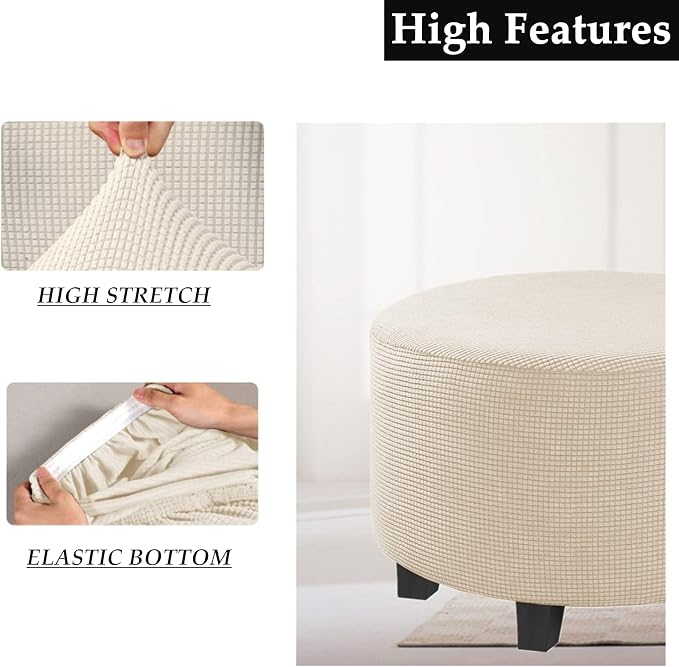 Stretch Ottoman Slipcover – Round Furniture Protector Fits 30"-41" Dia, for Footrests, Storage Ottomans & Folding Stools – Elastic Fabric Cover (Nature, X-Large)