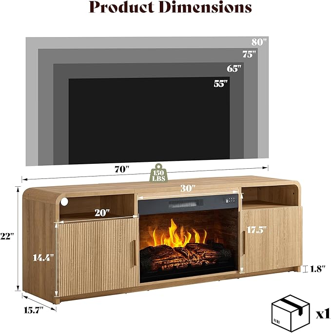 AMERLIFE 70" Fluted Fireplace TV Stand for TVs Up to 80", Modern TV Console with 30" Electric Fireplace & Storage Cabinets, Media Entertainment Center for Living Room, Natural Oak