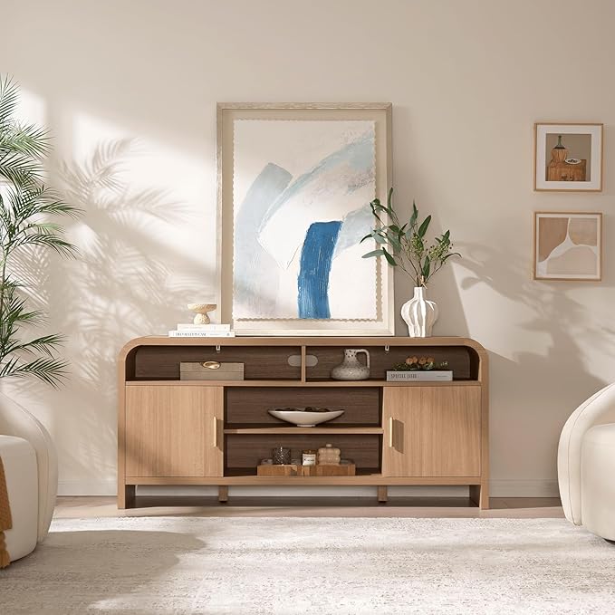 TV Stand for TVs Up to 65'' - [Unique Curved Profile, FSC-Certified Wooden Board] Entertainment Center with Adjustable Shelves and Storage Cabinet Modern Media Console for Living Room
