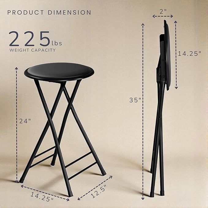 Lavish Home Folding Stool - Set of 2 Counter Height Bar Stools – 24-Inch Backless Folding Chairs with 225lb Capacity for Kitchen, Rec Room, or Game Room (Black)
