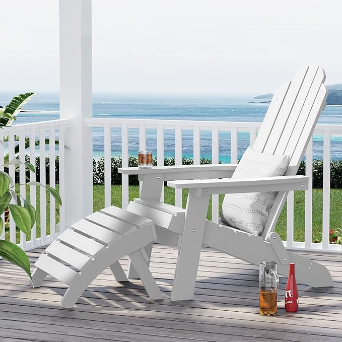MXIMU Folding Adirondack Ottoman Set of 2: HIPS Plastic Outdoor Footrest Easy Assembly - All Weather Foot Rest Foot Stool for Adirondack Chair Use in Patio Garden Backyard Pool (White)