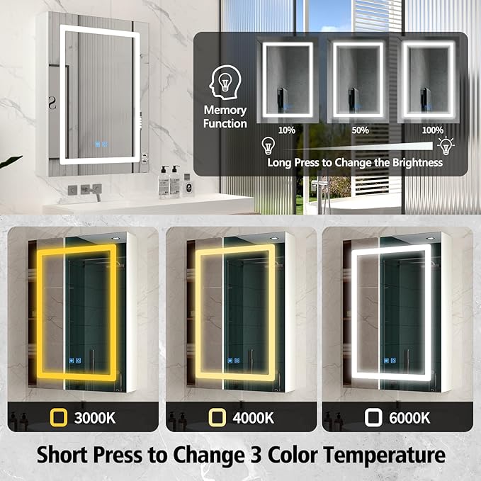 Medicine Cabinets for Bathroom,Medicine Cabinet Mirror,Lighted Medicine Cabinet with LED Lights,Adjustable Shelf, 3-Color, Dimmer,Defogger,20"x28"