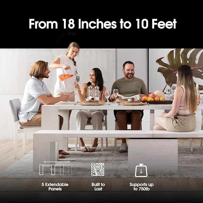 Transformer Table - Solid Wood Extendable Dining Table, Seats 2-12, Expandable Dining Room Table, Space-Saving Furniture, Kitchen and Dining Room Furniture (White, Table Only)
