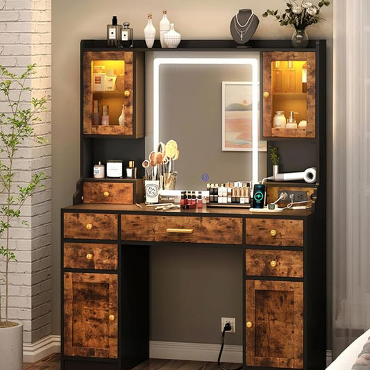Vanity Desk with Mirror and Power Outlet, 41.3'' Large Make up Vanity Table with 6 Storage Drawers & RGB Cabinets, Dressing Table with 3 LED Lighting Modes Adjustable, for Girls, Women, Rustic Brown