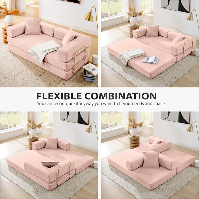 HANXIN Convertible Sleeper Sofa Bed, 78 Inch Folding Floor Mattress Couch with Fixed-Shape Frame, Futon Boneless Couch Lounge Loveseat with Pull Out Bed, No Assembly Required, Pink
