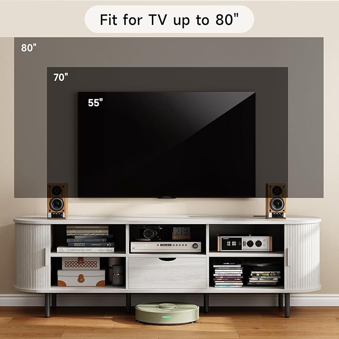 ONBRILL 69" TV Stand with Power Outlet for TVs up to 80", Entertainment Center with Storage and Drawer, TV Console with Adjustable Shelves and Sliding Door, TV Stand for Living Room, Natural White