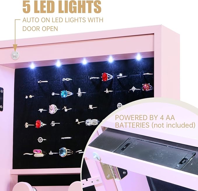 Full Length Mirror Jewelry Cabinet Organizer Lockable Door Wall-Mounted Jewelry Armoire with Shelves and Behind the Door Storage Pink