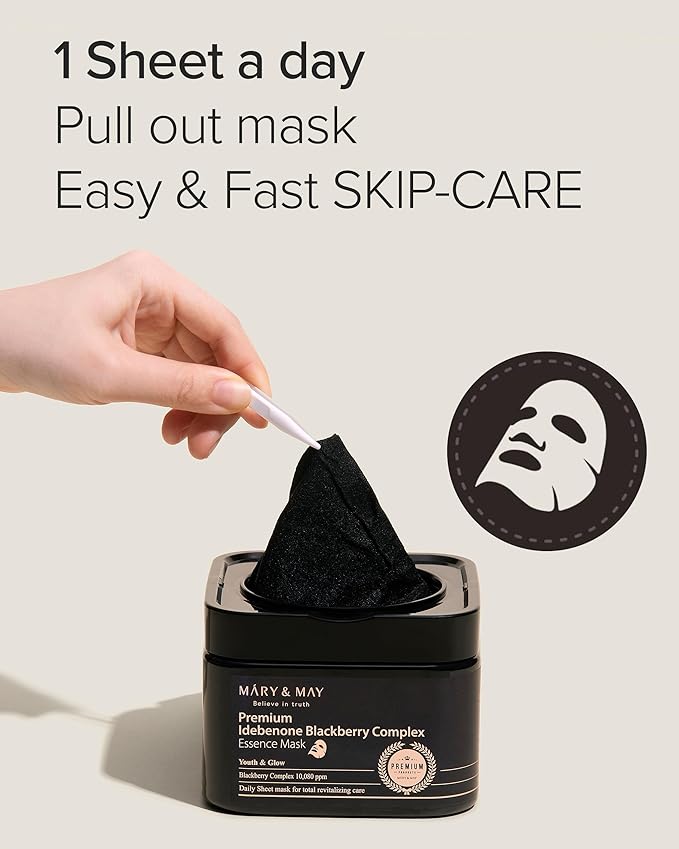Mary&May Premium Idebenone Blackberry Complex Essence Mask (20 Sheets) – Bamboo Charcoal Sheet, Daily Pull-Out Dispenser Korean Face Mask with Vitamin C, Panthenol & Ceramide for Hydrating Radiance