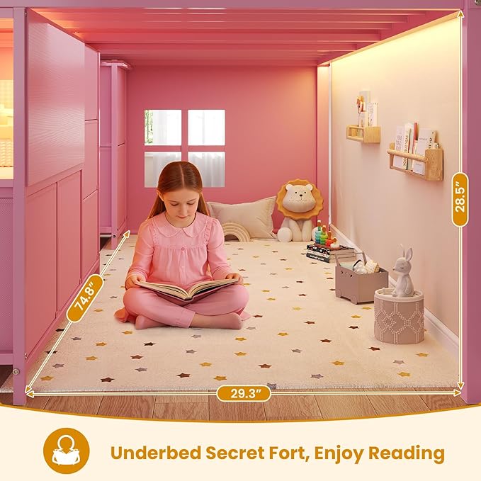 ADORNEVE Low Loft Bed Twin Size with Stairs,7 Drawers, Bookcase and LED Lights, Metal Kids Loft Bed with 14" H Safety Guardrail,Inclined Ladder and Play Curtain, Under-Bed Play Space, Pink