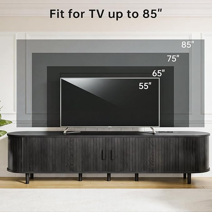80" Mid Century Modern TV Stand, Wood TV Consoles with Sliding Doors and Power Outlet, Fluted Entertainment Center with Adjustable Shelves, Media Console for Living Room, Black