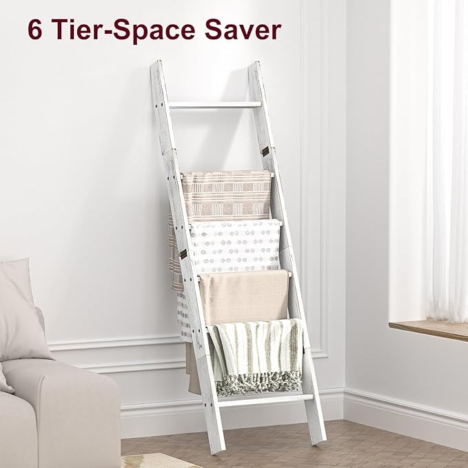 Honest Blanket Ladders for The Living Room, 6-Tier Blanket Holder, Wall-Leaning Blanket Rack, Ladder Shelves, Wooden Quilt Ladder, Farmhouse Decor, White