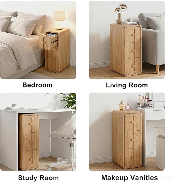 Narrow Nightstand Set of 2, Small Bedside Table with 3 Drawers, Mid Century Modern Skinny Night Stand with Storage, Wood Slim Side Table for Bedroom, Living Room (Natural-2pcs)