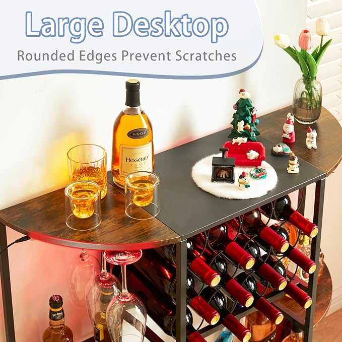 JKsmart Wine Bar Cart with LED Lights, Mini Wine Rack with Storage and Glass Holder, Small Home Bar Cart for Liquor, 3-Tier Bar Table for Kitchen, Dining Room, Living Room, Rustic Brown