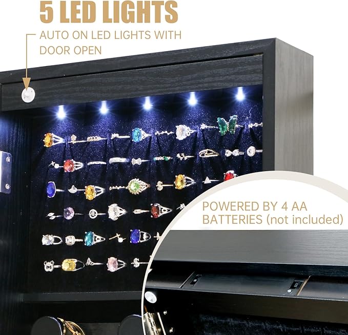 Full Length Mirror Jewelry Cabinet Organizer Lockable Door Wall-Mounted Jewelry Armoire with Shelves and Behind the Door Storage Black