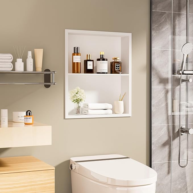 14x18 Recessed Medicine Cabinet, Bathroom Wall Cabinet, 304 Stainless Steel Recessed Wall Niche with 2-Tiers Shelves, Matte White
