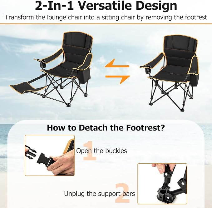 Goplus Reclining Camping Chair with Removable Footrest, 2-in-1 Folding Lounge Chair w/Adjustable Backrest Storage Bag & Cup Holder,Portable Recliner Cozy Lounge Chair for Picnic, Fishing (1)