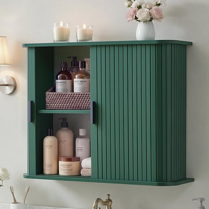 weselon Fluted Wall Mounted Bathroom Cabinet with Sliding Doors, Medicine Cabinet Storage for Over the Toilet, Space Saver Organizer for Small Bathroom Laundry Kitchen (Green)