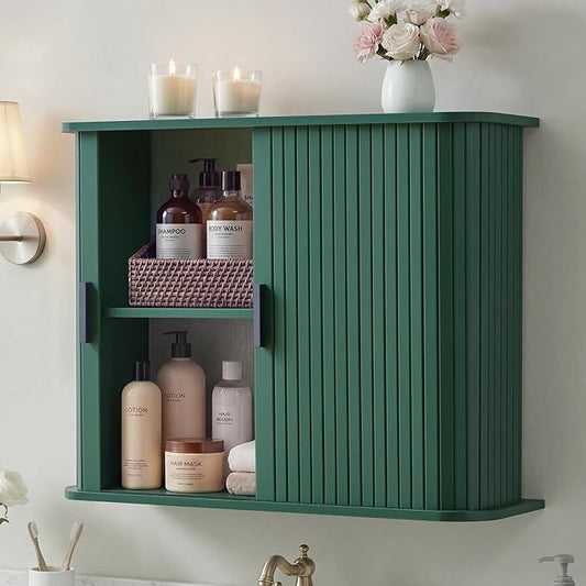 weselon Fluted Wall Mounted Bathroom Cabinet with Sliding Doors, Medicine Cabinet Storage for Over the Toilet, Space Saver Organizer for Small Bathroom Laundry Kitchen (Green)