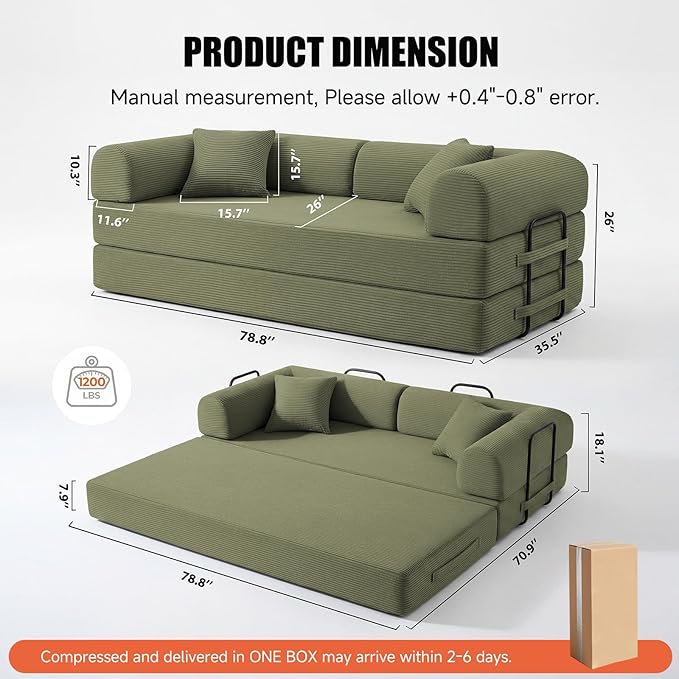 79" Compressed Sofa, Convertible Sofa Bed, Corduroy Compression Boneless Couch with Pillow, Comfy Modular Foldable Floor Sleeper Sofa for Bedroom, Living Room, Lounge, Studio (Light Green)