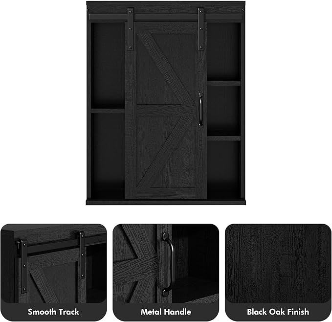 RUSTOWN Farmhouse Wood Wall Storage Bathroom Cabinet with Sliding Barn Door, Rustic Medicine Cabinet with Adjustable Shelf, 3-Tier Vintage Cabinets for Kitchen, Bathroom, Living Room (Black)