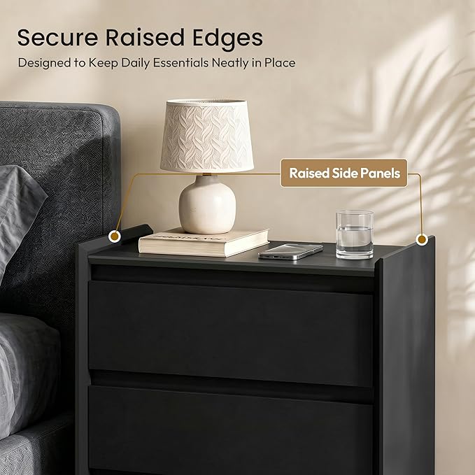 24" Tall Nightstand with Charging Station Including USB-C, Modern Bedside Table and Sofa End Table - Black, 3 Drawers, Set of 2