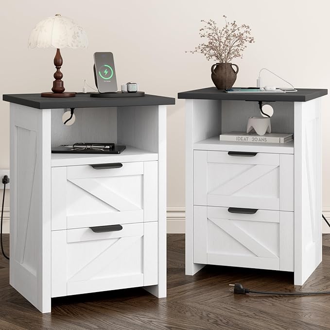 Farmhouse Night Stand Set of 2 with Charging Station, Bedside Table w/2 Drawers & Storage, Rustic End Tables for Bedroom, Living Room, Small Spaces, Home Office, White