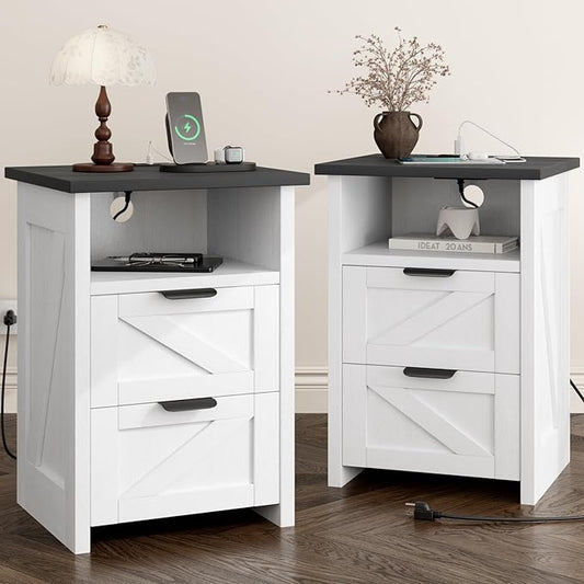 Farmhouse Night Stand Set of 2 with Charging Station, Bedside Table w/2 Drawers & Storage, Rustic End Tables for Bedroom, Living Room, Small Spaces, Home Office, White