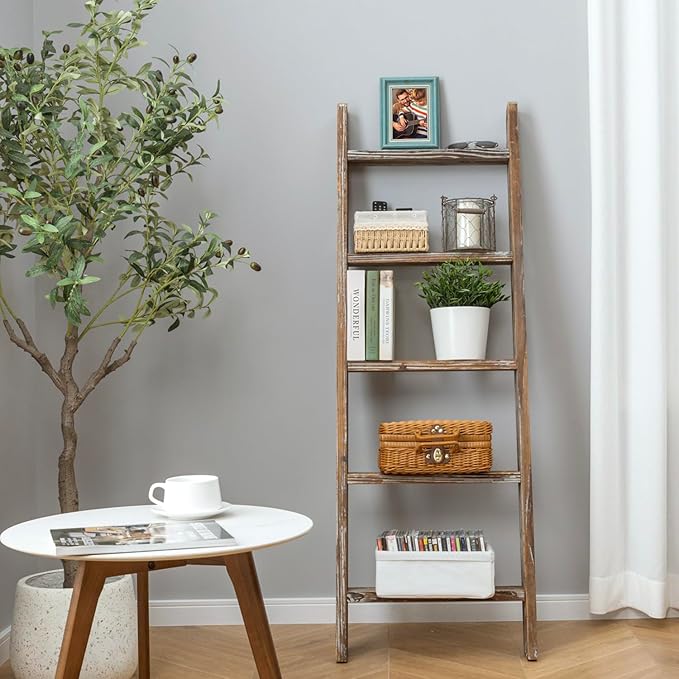 MyGift Decorative Ladder Shelf, 4.5 Foot Wall Leaning Wooden Towel Blanket Ladder Storage Rack for Bathroom or Living Room, Torched Brown Wood