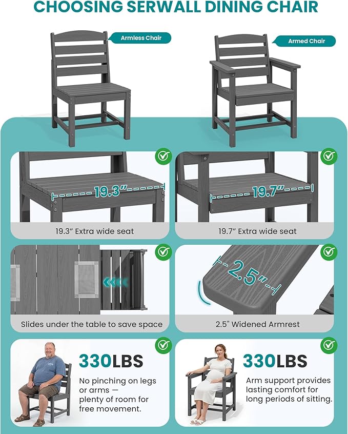 SERWALL Patio Dining Sets for 6 Person, HDPE Dining Set with 6 Armless Chairs, Gray
