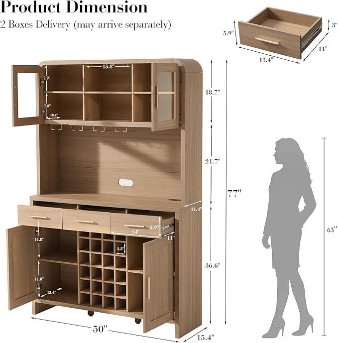 77" Tall Kitchen Pantry Cabinet with Charging Station, Kitchen Hutch Storage Cabinet with LED Lights, Wine Coffee Bar Cabinet with 24-Bottle Wine Rack for Kitchen Home Dining Room, Oak