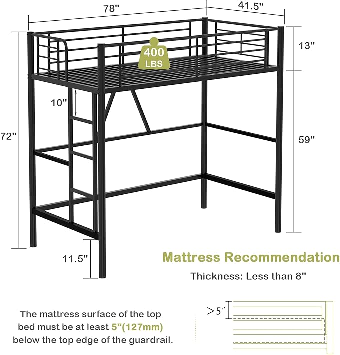 VECELO Loft Bed Twin Size, Metal Bedframe with Removable Ladder and Safety Guardrail, No Box Spring Needed, Space Saving, Noise Free, Matte Black