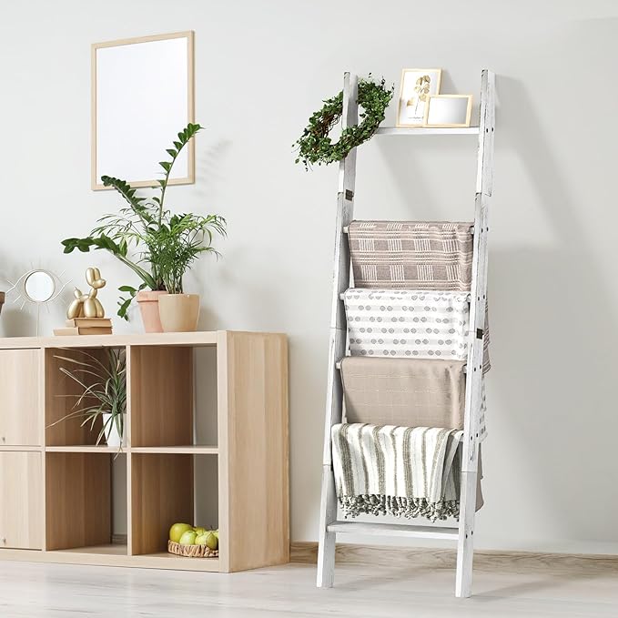 Honest Blanket Ladders for The Living Room, 6-Tier Blanket Holder, Wall-Leaning Blanket Rack, Ladder Shelves, Wooden Quilt Ladder, Farmhouse Decor, White