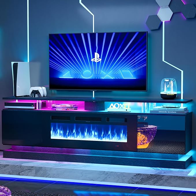 70 Inch Fireplace TV Stand, Modern Entertainment Center for TVs Up to 80”, TV Console with Storage Cabinets, Media Console for Living Room, Black TV Stand and Black Fireplace