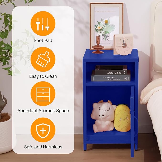 ALBAD Compact Metal Nightstand with Lockable Cabinet and Open Shelf, Modern Bedside Table, Versatile Side Table for Bedroom, Living Room, or Office (Blue, 26" H-Lockable Door)