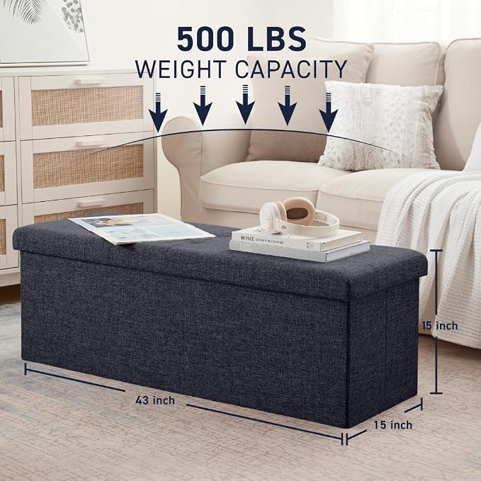 Ornavo Home Folding Storage Ottoman, 43 Inch Extra Large Storage Bench with Lid, Foot Rest Stool for Bedroom, Living Room, Entryway, Tufted Linen Upholstered - Black