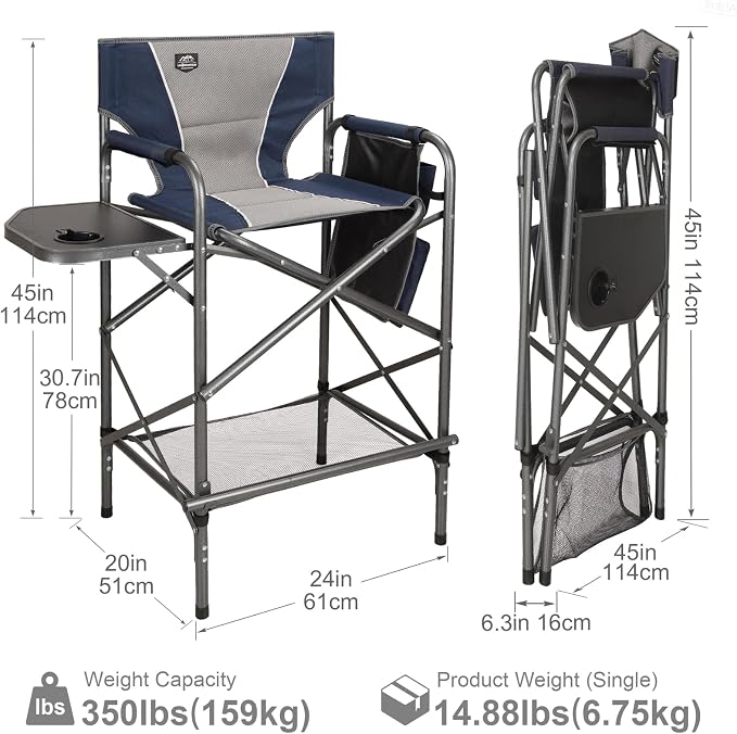 LANMONTAIN Folding Tall Director Chairs,30.7'' Seat High Makeup Solan Chairs,Portable Camping Chair w/Side Table Functional Pocket and Footrest,Comfy Bar Stool Heavy Duty Supports 350 Lbs,Blue
