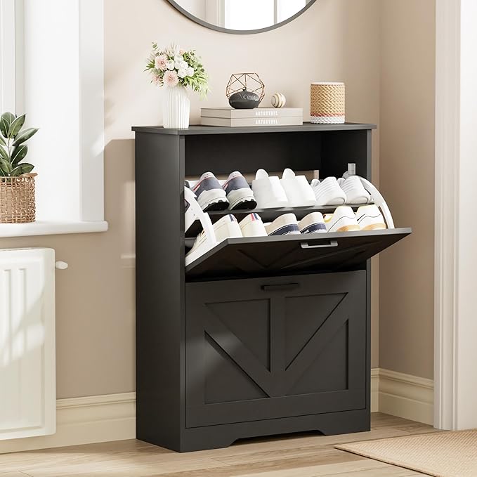 Homleke Farmhouse Shoe Cabinet for Entryway with 2 Barn-Style Flip Drawers, Narrow Shoe Storage Organizer with Top Display Shelf, Adjustable Shelves, Shoe Rack for Hallway, Closet- (Black, 24" Wide)