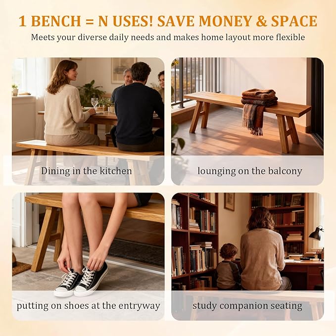 70.9" Ultra Long Solid Elm Entryway Bench - Premium Farmhouse Dining Bench for Extra Large Spaces, Commercial Use - Natural Finish