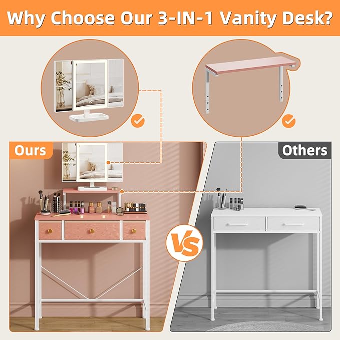 HIGDBFE Small Makeup Vanity Desk 27.5''W with Mirror and Lights, Vanity Desk with 3 Fabric Drawers and Height-Adjustable Stand, Vanity Table for Girls Gifts, Bedroom and Small Spaces, Pink