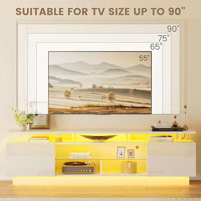 80” High-Glossy TV Stand with 2 Side Cabinets, Storage Entertainment Center, Modern Stylish TV Console with 3 Layer LED Lights&Power Outlets,Remote&APP Control for Living Room Use White