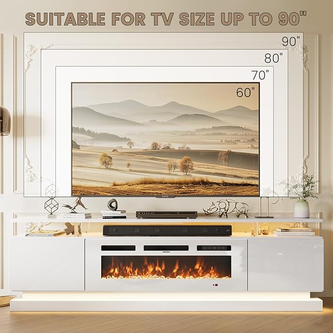 80" Fireplace TV Stand, Modern Entertainment Center for TVs Up to 90", TV Console with Storage Cabinets, Media Console for Living Room, White TV Stand and Black Fireplace
