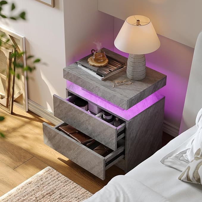 LED Nightstand Modern Bedside Table for Bedroom Night Stand with 2 Wood Drawers End Side Table with 16 Colors LED Strip for Bedroom