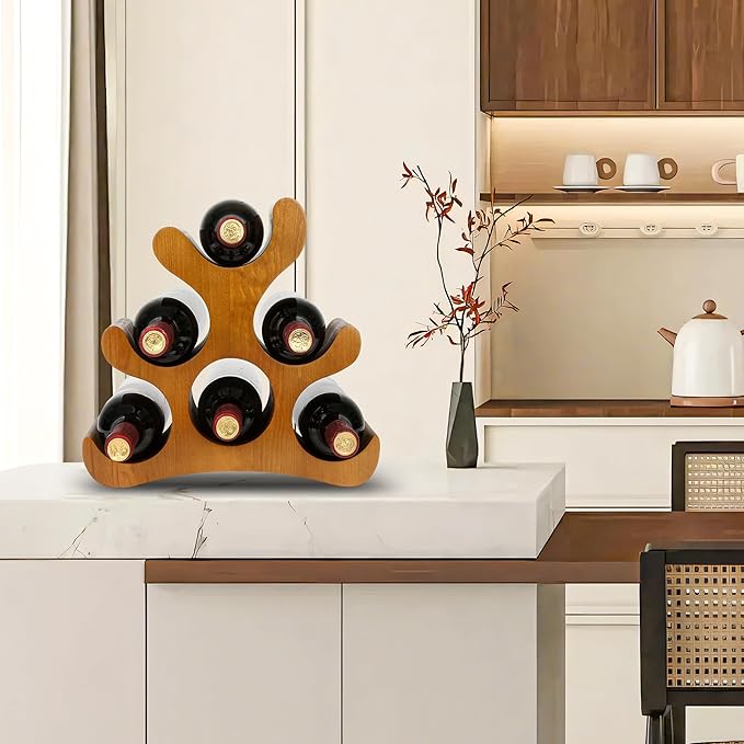 Countertop Wine Rack - 6 Bottle Wooden Wine Rack - Freestanding Wine Bottle Holder Stand - Wine Storage Rack for Cabinet Pantry Bar Kitchen