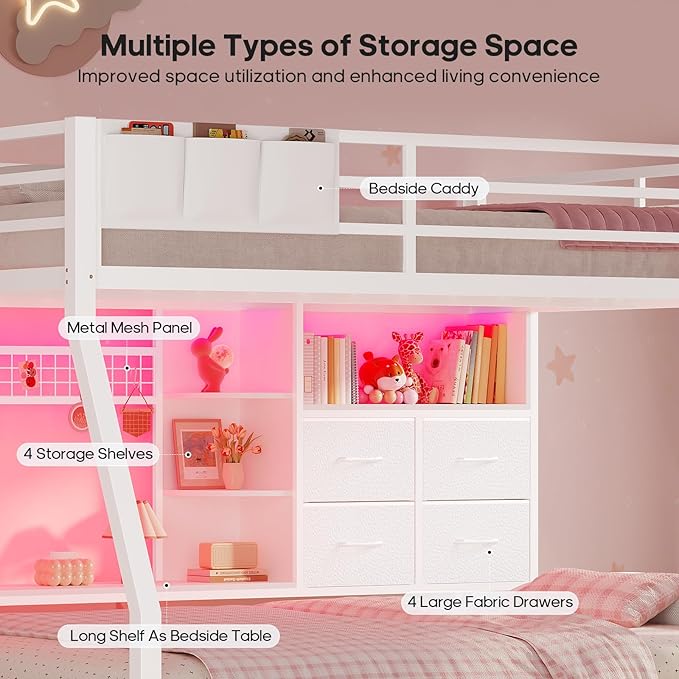 BTHFST Full Over Full Bunk Beds with 4 Storage Drawers & Shelves & Bedside Caddy, Bunk Bed with Charging Station & LED Lights, Full Size Bunk Bed with Safety Guardrail & Angled Ladder, White